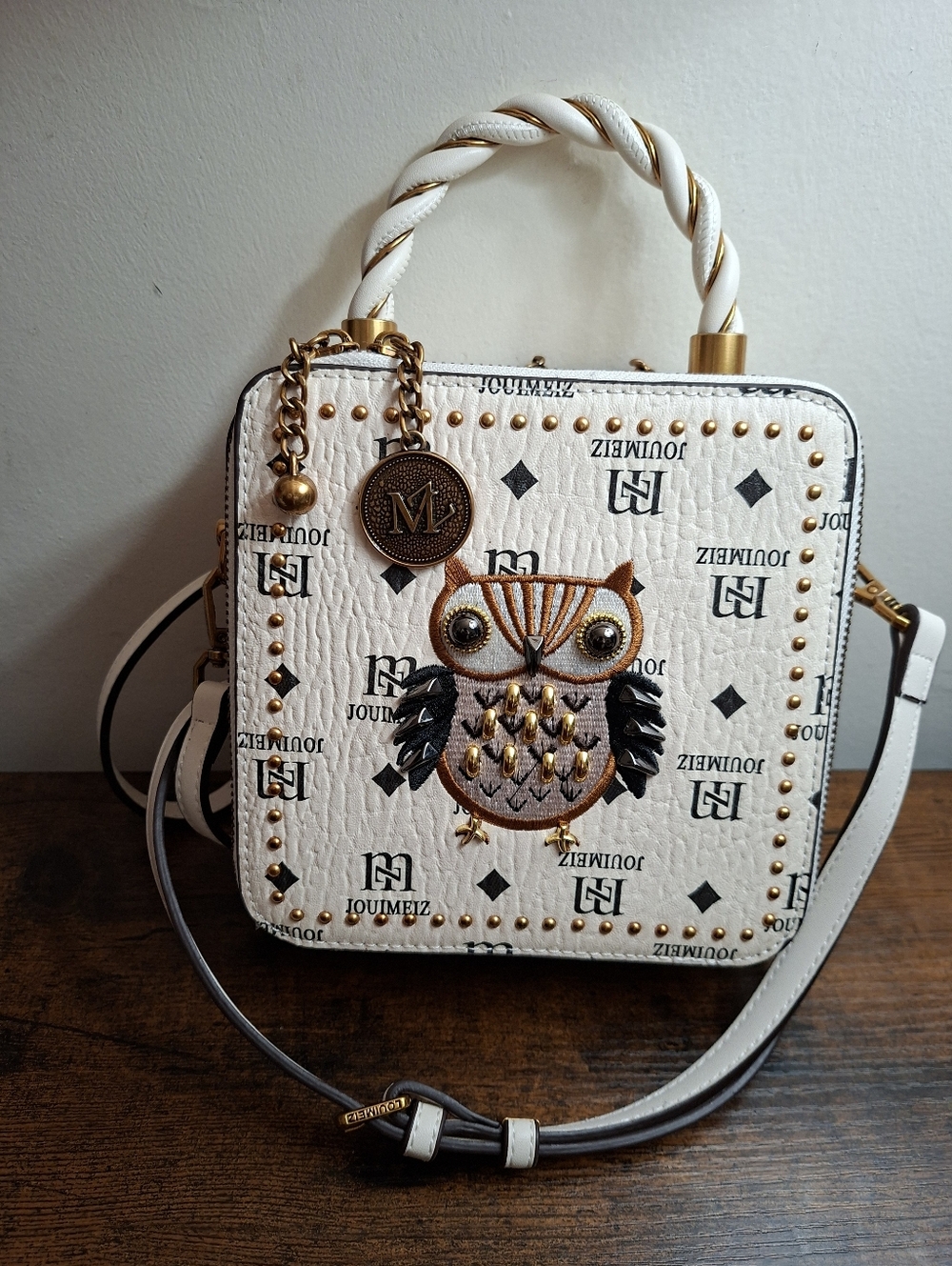 Jouimeiz Compact White Box Bag with Gold Rivets and Braided Carry Handle